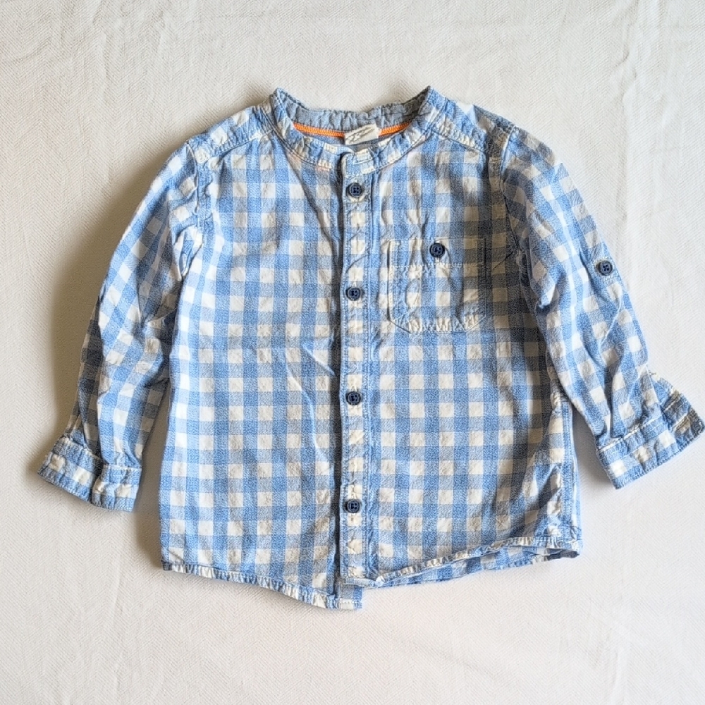 H&M gingham mandarin collar button down shirt blue cotton 9-12 months baby boy